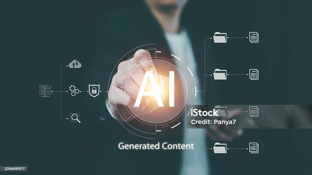 Businessman touch virtual screen to operate artificial intelligence technology to Generated Content by digital pen. Concept of using AI for data management. Managing big data in computer server.