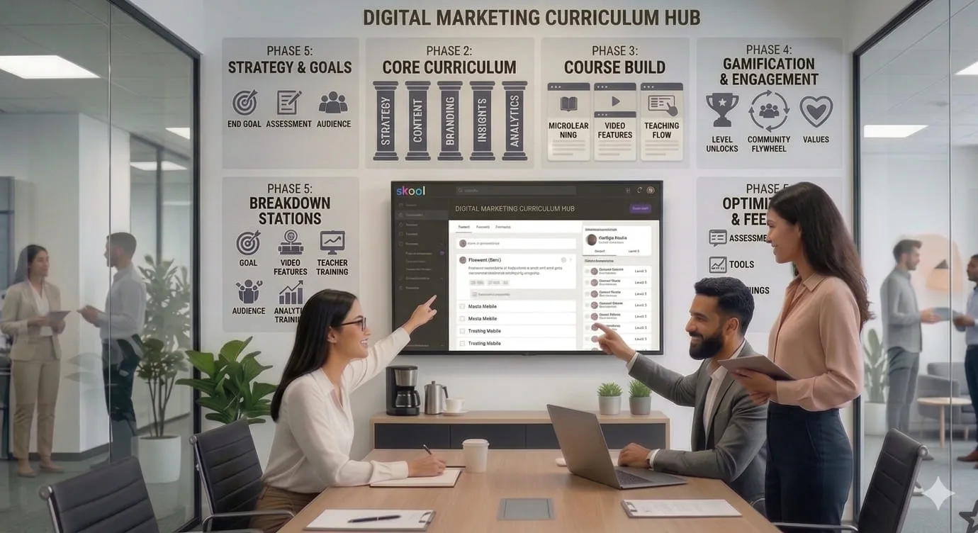 Digital marketing curriculum hub showing strategy, core pillars (strategy, content, branding, insights, analytics), course building, and gamification phases in a modern office meeting