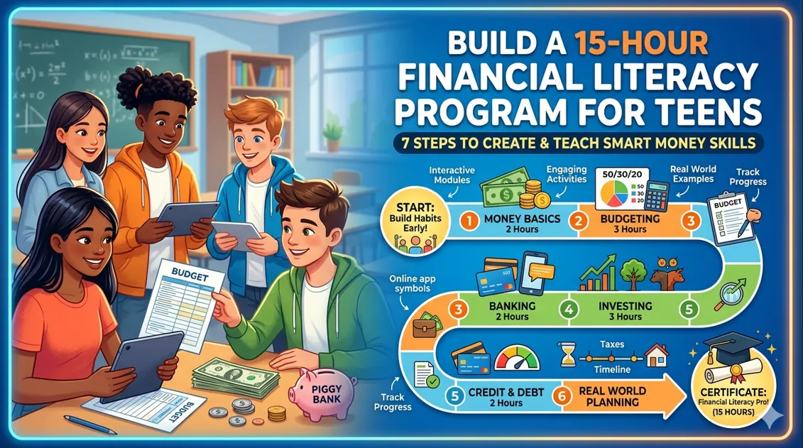 Infographic overview of a 15-Hour Financial Literacy Program for teens, showing modules like budgeting and investing.