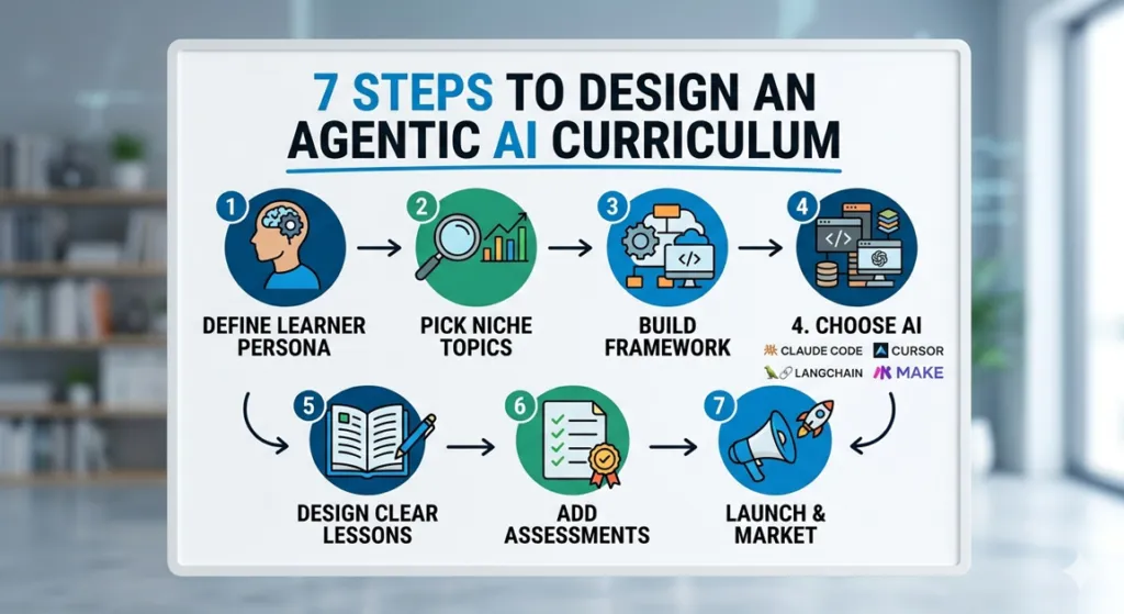 A 7-step clean vector infographic summary flowchart showing the development path for an effective agentic AI curriculum.
