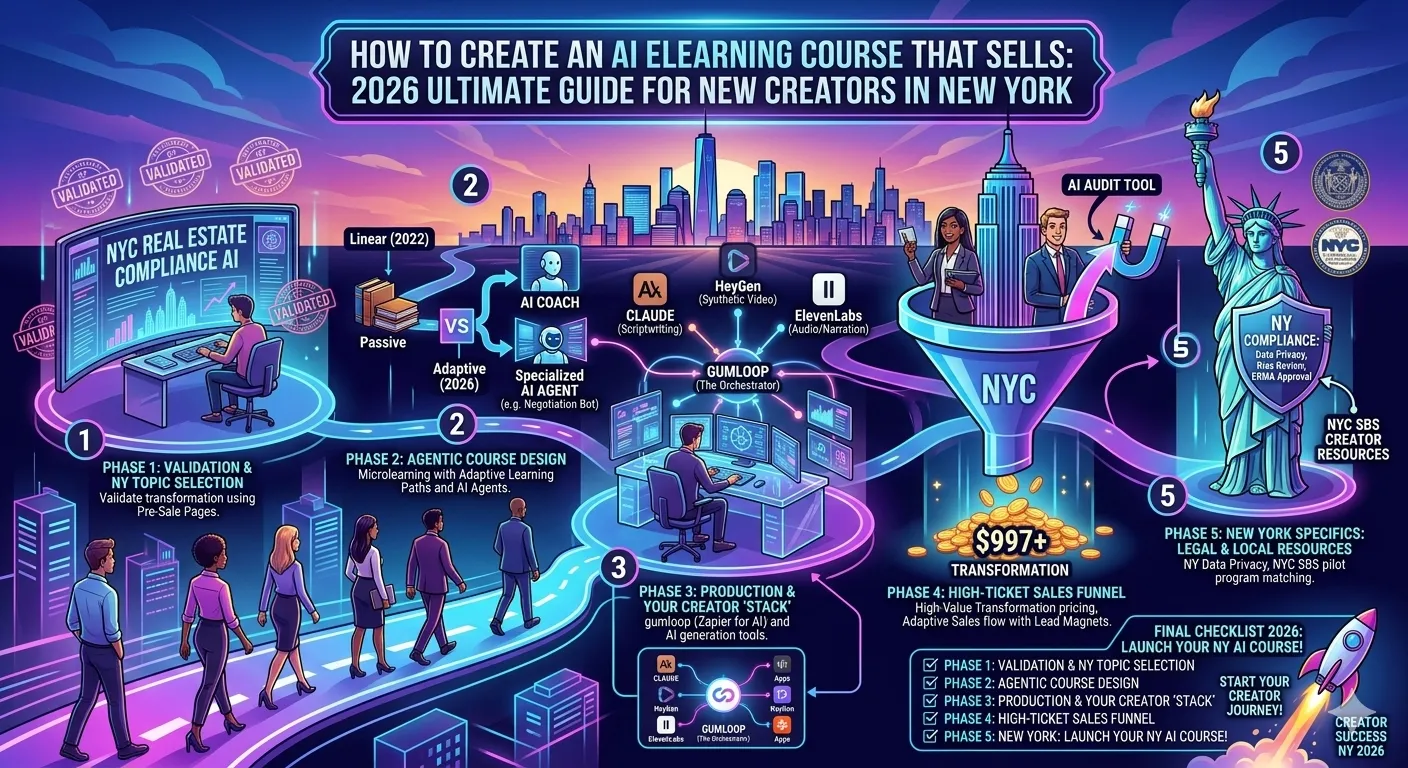 Workflow involved in creating an AI course that sells in NY