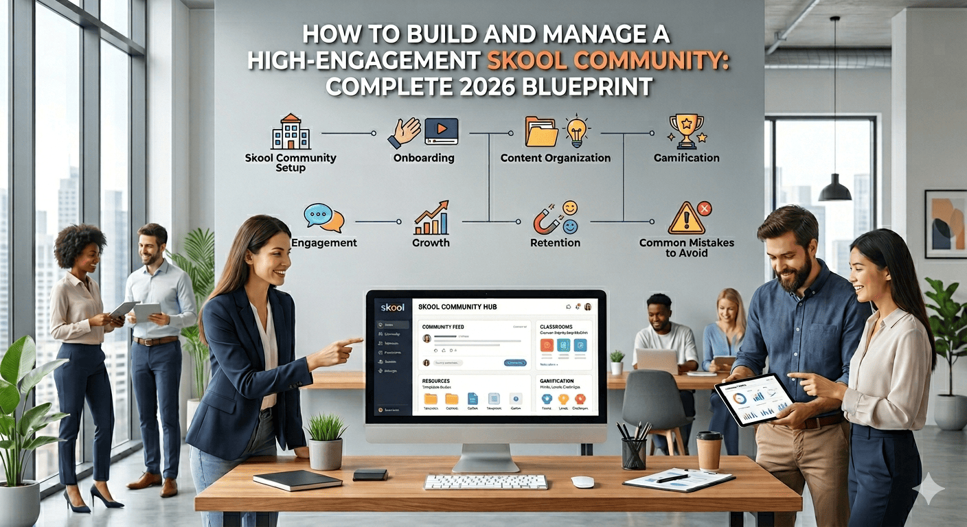 Infographic of the Skool Community Blueprint showing step-by-step strategy foe setup, engagement, and growth, featuring professionals using the Skool dashboard in a modern office