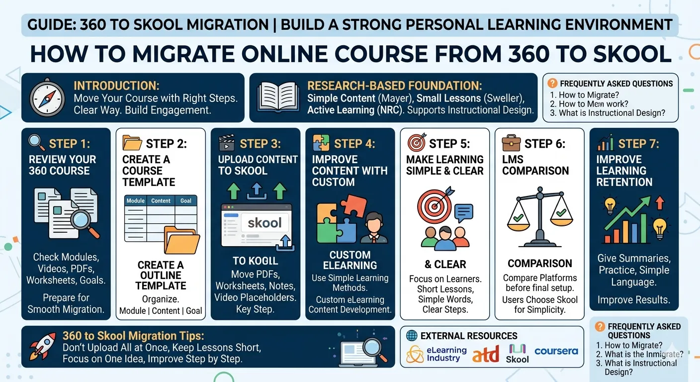 A high-definition infographic guide titled "360 to Skool Migration," showing a professional 7-step process for moving online courses, including research-based foundations and clear instructional design steps