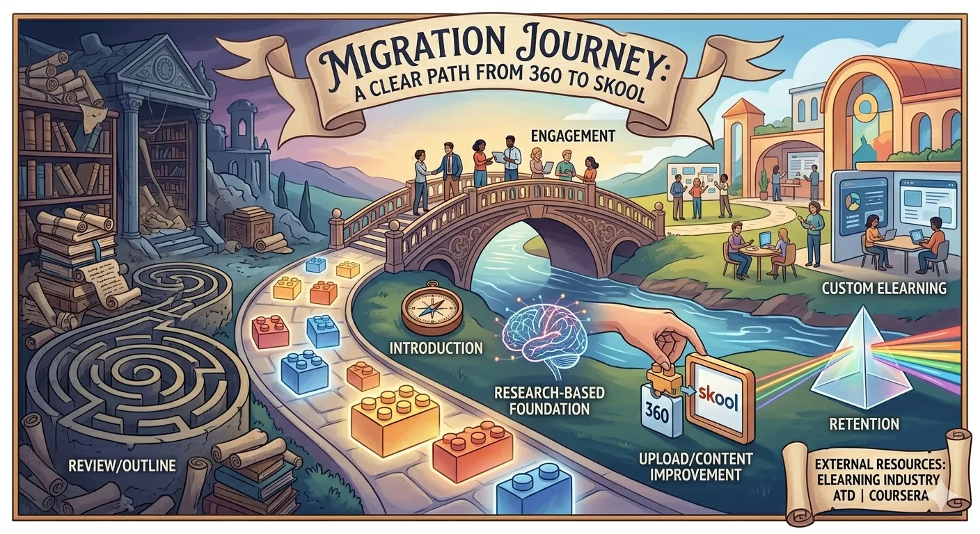 A visual "Migration Journey" illustrating the path of a 360 to Skool migration, with key stages represented as physical milestones in a stylized landscape, leading from content review to a vibrant, collaborative learning environment.