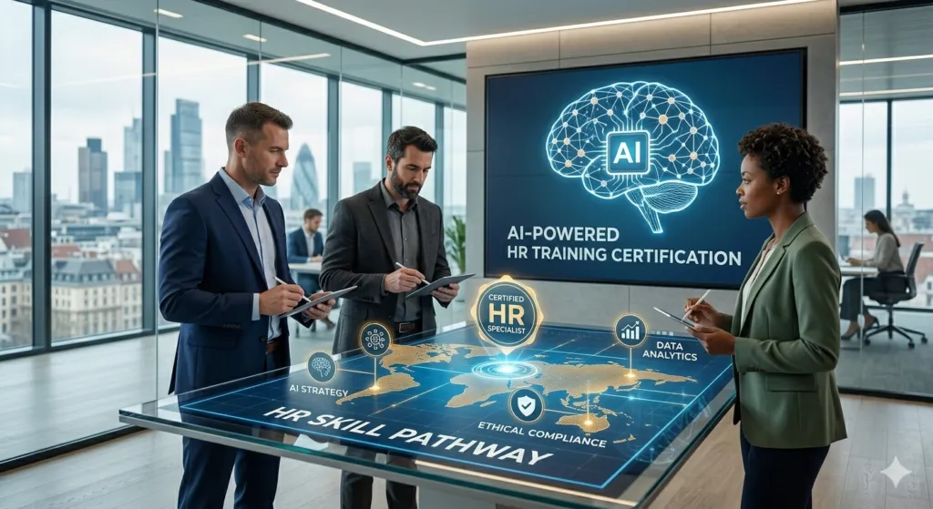 Corporate team using a digital workspace to design AI HR training programs with 360Learning, focusing on HR skill pathways, data analytics, and ethical compliance.