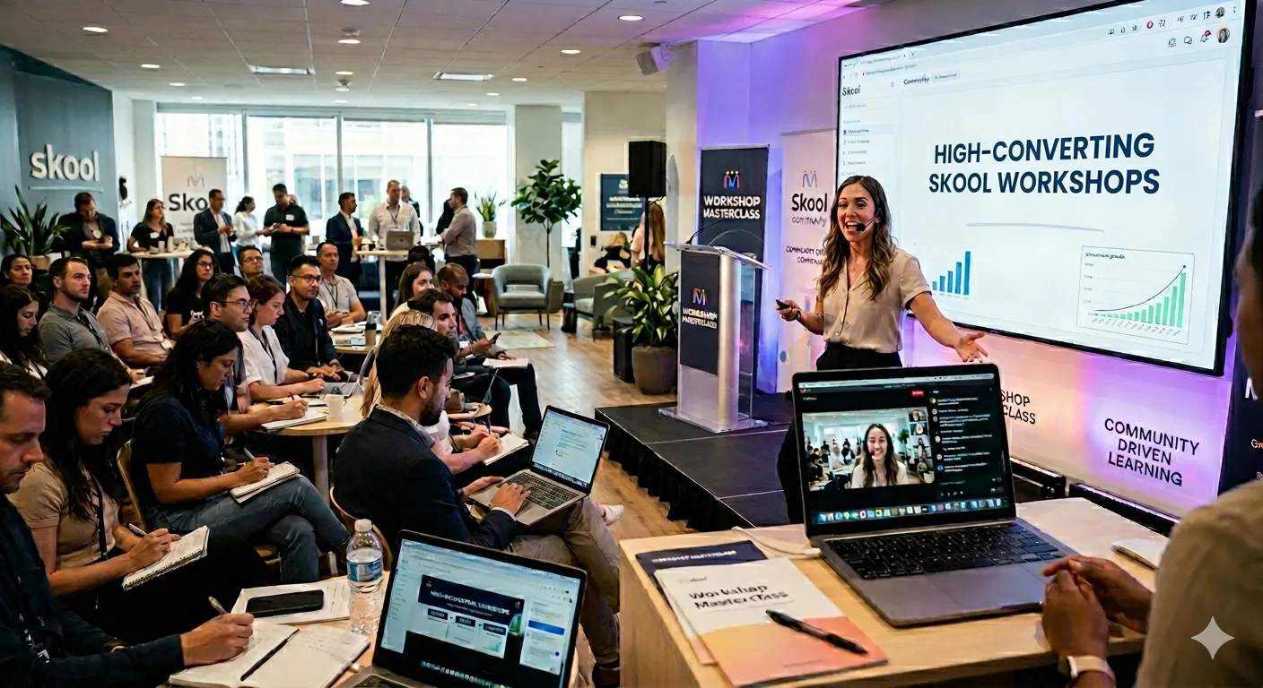 A professional female presenter standing on a stage in a modern office environment, gesturing toward a large digital screen displaying "High-Converting Skool Workshops." The audience is engaged, taking notes on laptops and notebooks, with a blurred "Skool" logo in the background, representing a high-energy live digital marketing training session.