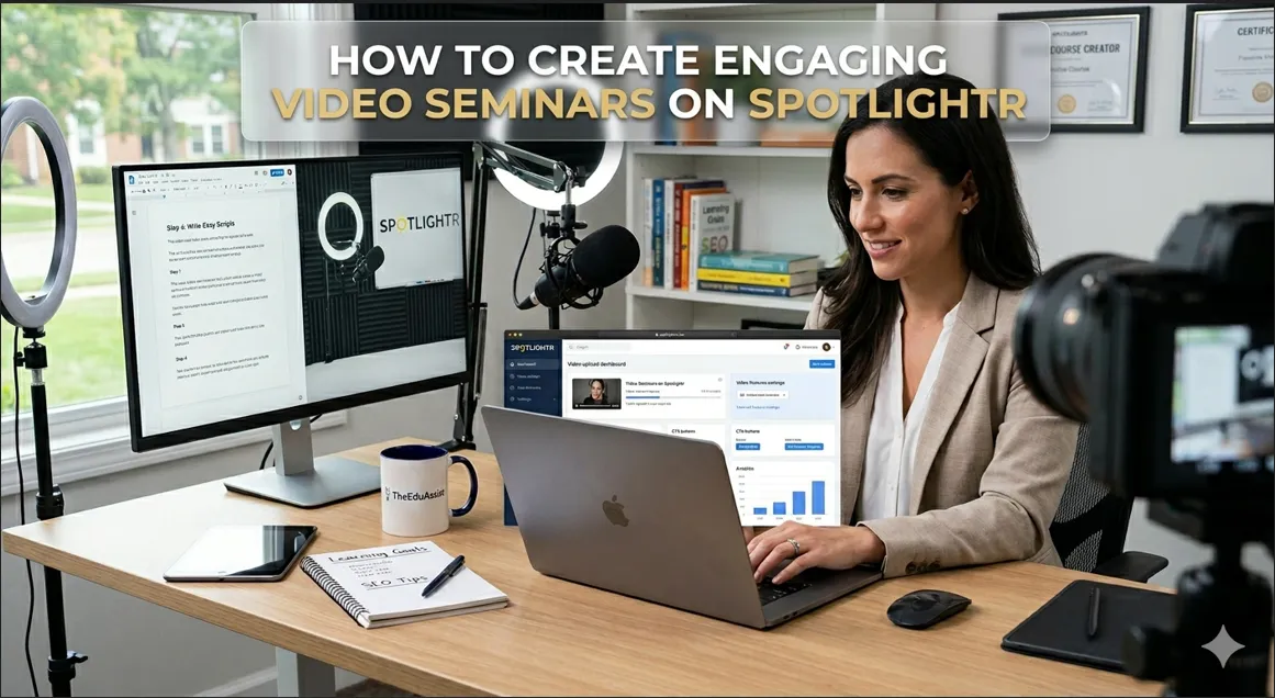 A professional online course creator sitting at a desk with a laptop and camera, demonstrating how to create engaging video seminars on Spotlightr with a high-quality studio setup.