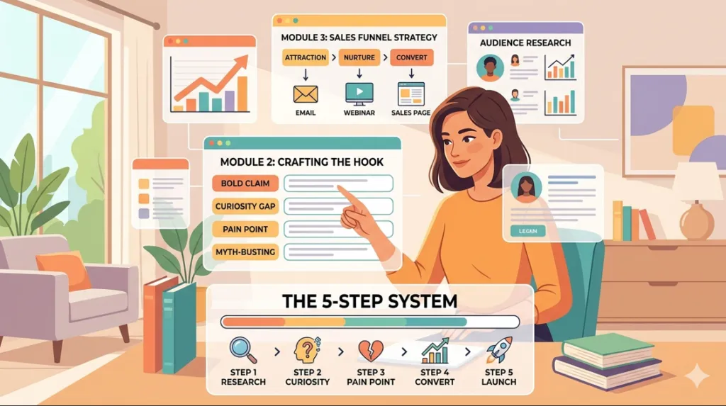 A flat design illustration of a content creator in a bright modern home office, physically and digitally constructing the elements of a sell online courses strategy, focusing on Module 2 for crafting high-converting hooks.