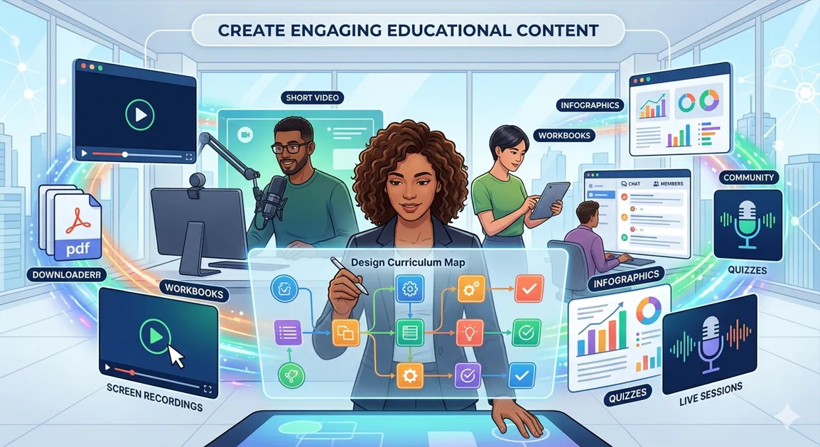 A modern digital workspace showing diverse creators building engaging educational content through video production, curriculum design, and community management.