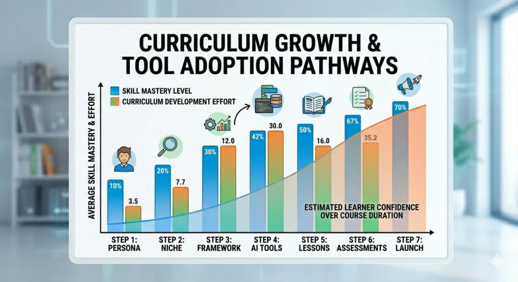 A detailed business growth chart showing performance data and progression metrics over seven stages for developing an agentic AI curriculum.