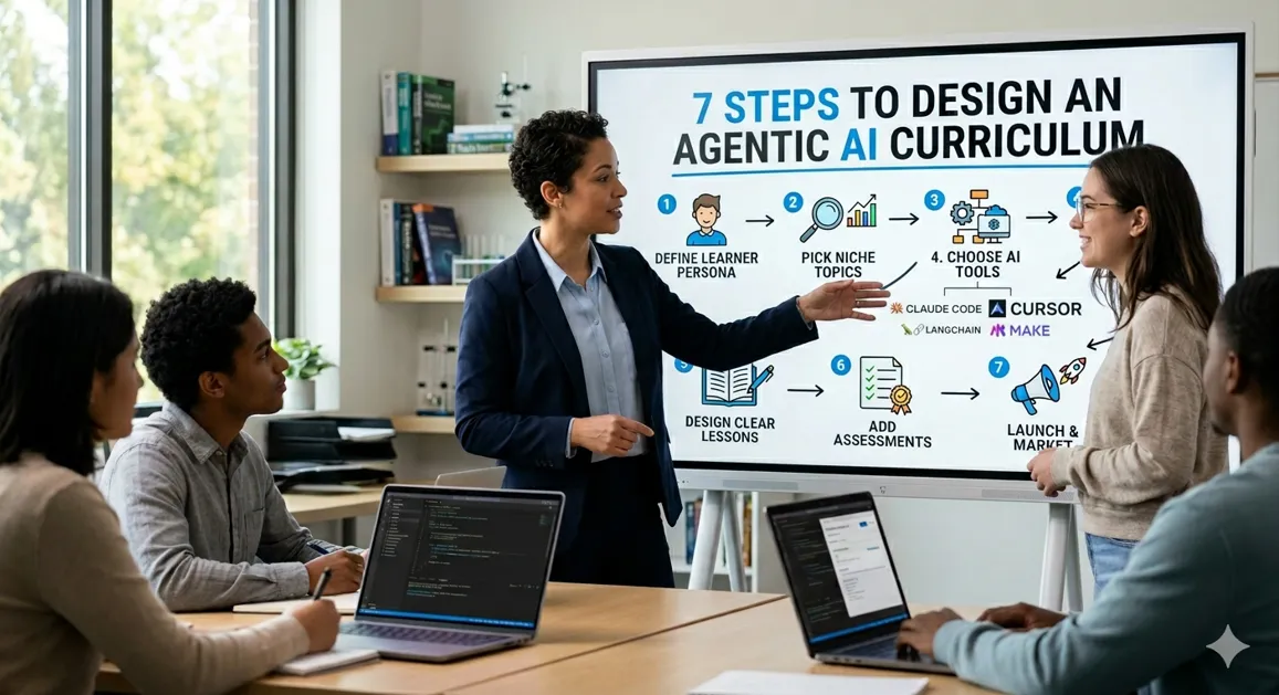 A diverse team in an office collaborating and planning a comprehensive 7-step agentic AI curriculum.