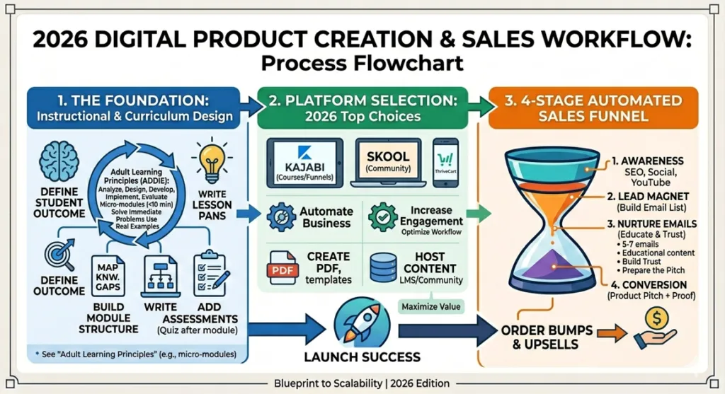 An infographic detailing the 2026 Digital Product Creation and sales workflow, showing the three phases of curriculum design, platform integration using Kajabi and Skool, and an automated sales funnel for launch success.
