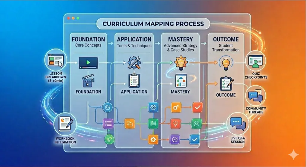 A step-by-step curriculum map showing the workflow for engaging educational content, moving from foundational concepts to student mastery and transformation.