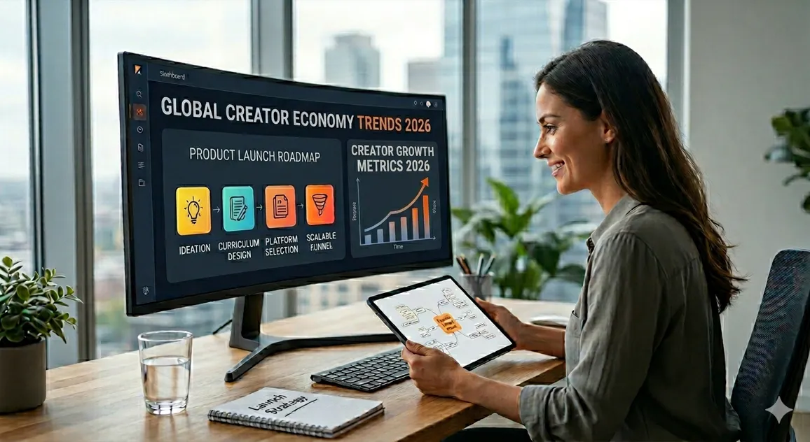An infographic titled "2026 Global Creator Economy trends featuring a growth metric chart and a four-point launch roadmap including ideation, curriculum design, and platform selection for scaling expertise.