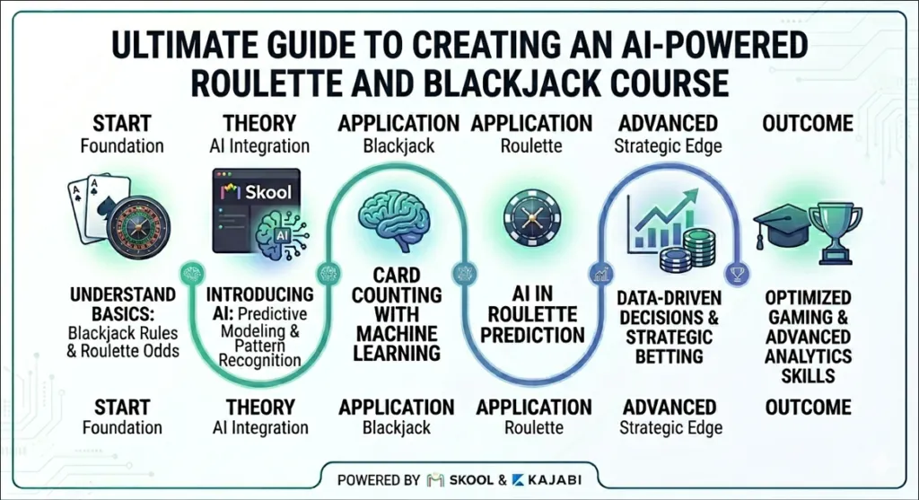A step-by-step curriculum roadmap for an AI-Powered Roulette & Blackjack Course showing modules from basics to advanced AI predictive modeling