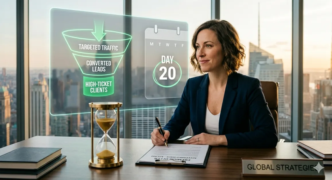 A professional woman sitting at a modern desk with a digital display showing a high-ticket funnel diagram, featuring stages for targeted traffic and converted leads, next to a "Day 20" calendar icon.