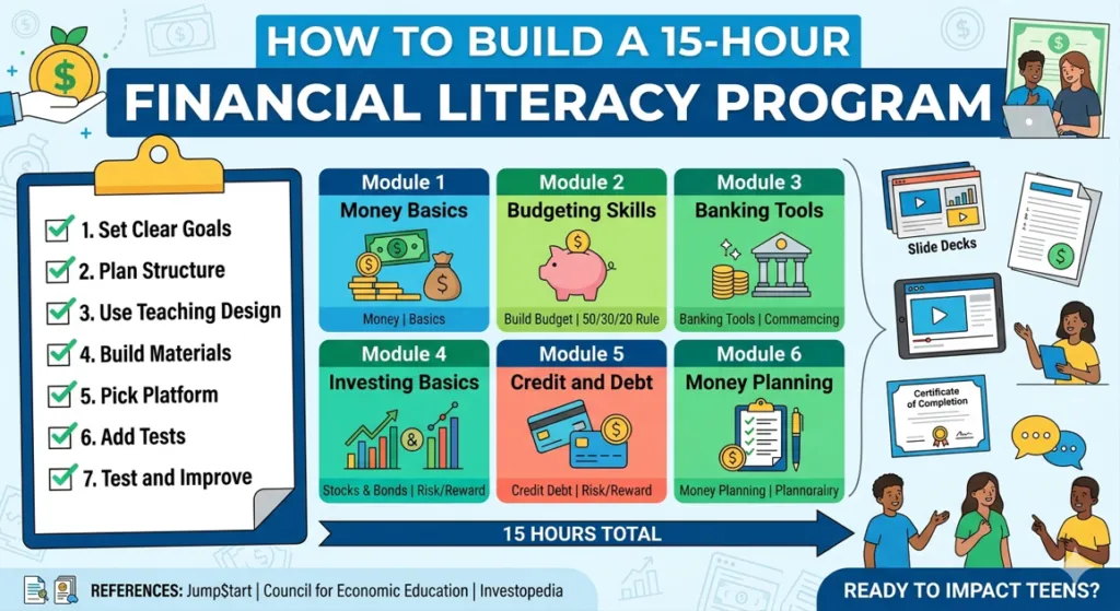 An infographic illustrating the seven steps to build a 15-hour financial literacy program for teens, detailing six curriculum modules, course materials, and a total timeline.