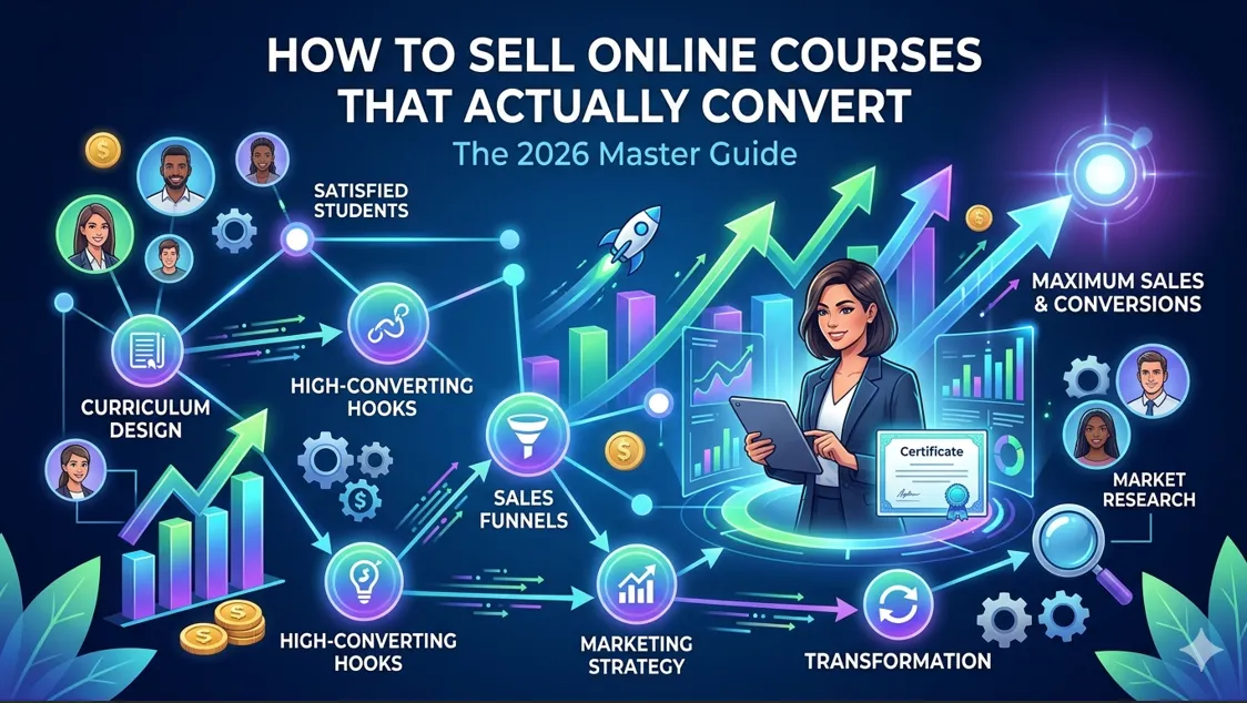 An abstract digital illustration with glowing blue and purple nodes and data streams, representing a modern technology system for how to sell online courses that convert, showing interconnected elements of strategy, curriculum, and sales funnels.