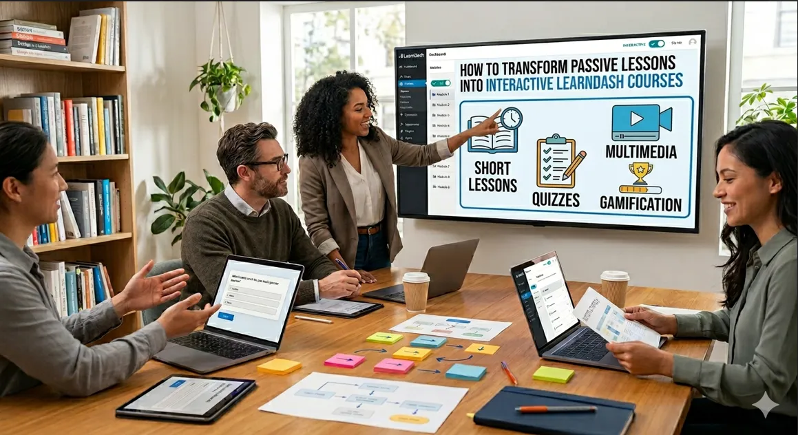 A professional woman at a desk presenting short lessons, quizzes, and gamification for building interactive LearnDash courses.