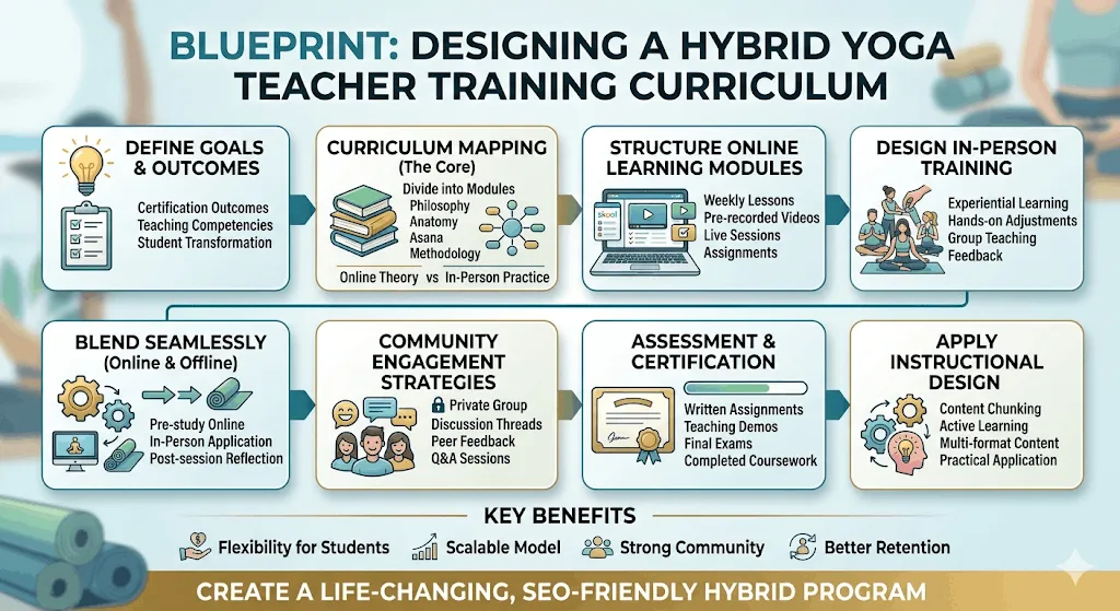 Infographic outlining an 8-step blueprint for designing a hybrid yoga teacher training curriculum
