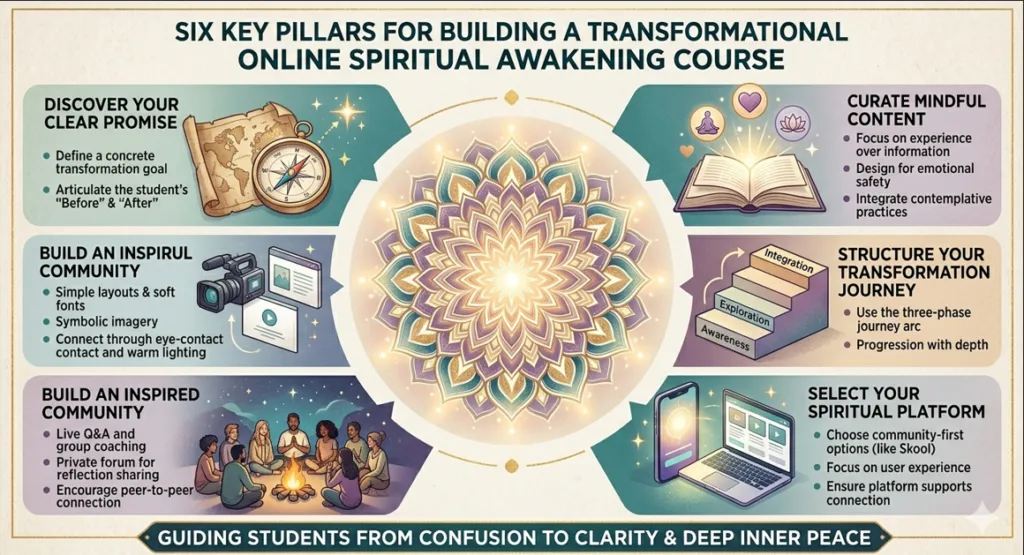 An infographic illustrating Six key pillars for building Spiritual Awakening online  course centered around a glowing mandala.