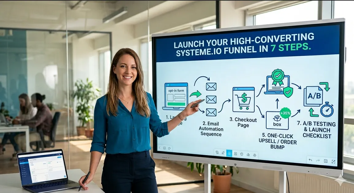 A presenter explaining a seven-step Systeme.io funnel success blueprint, showing steps from landing page optimization to autopilot income on a smartboard.