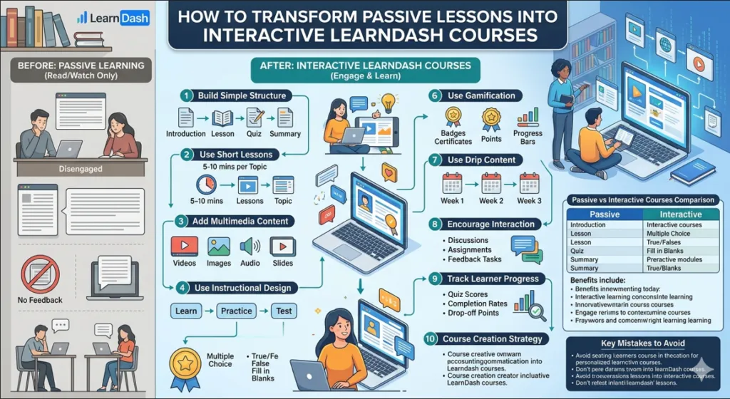 Infographic showing 10 steps to create interactive LearnDash courses, comparing passive learning to engaging course structures