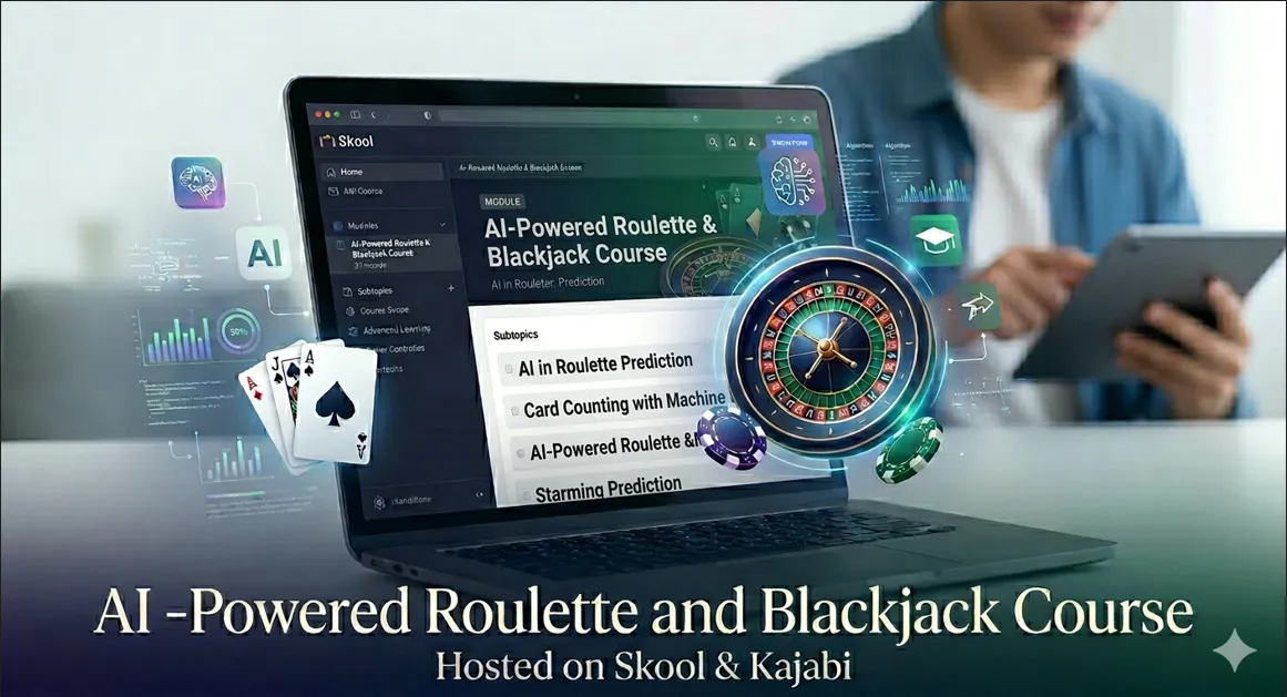 professional laptop displaying a Skool dashboard for an AI-Powered Roulette & Blackjack Course with 3D casino and AI elements.
