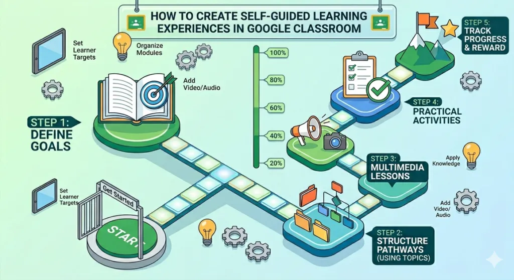 How to Create Self-guided learning experiences in Google Classroom,' visualizing a five-step path from 'Define Goals' to 'Track Progress & Reward,' with specific instructional design tips like 'Organize Modules' and 'Add Video/Audio' along the journey