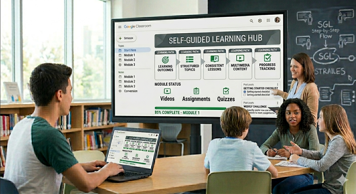 A bright, modern digital illustration titled "Self-Guided Learning Experiences in Google Classroom" featuring a central tablet displaying a structured course with modules. The scene includes a laptop playing a tutorial video, an open notebook with a learning checklist, and a winding path with icons representing a student's journey toward independence and success in a virtual classroom setting.