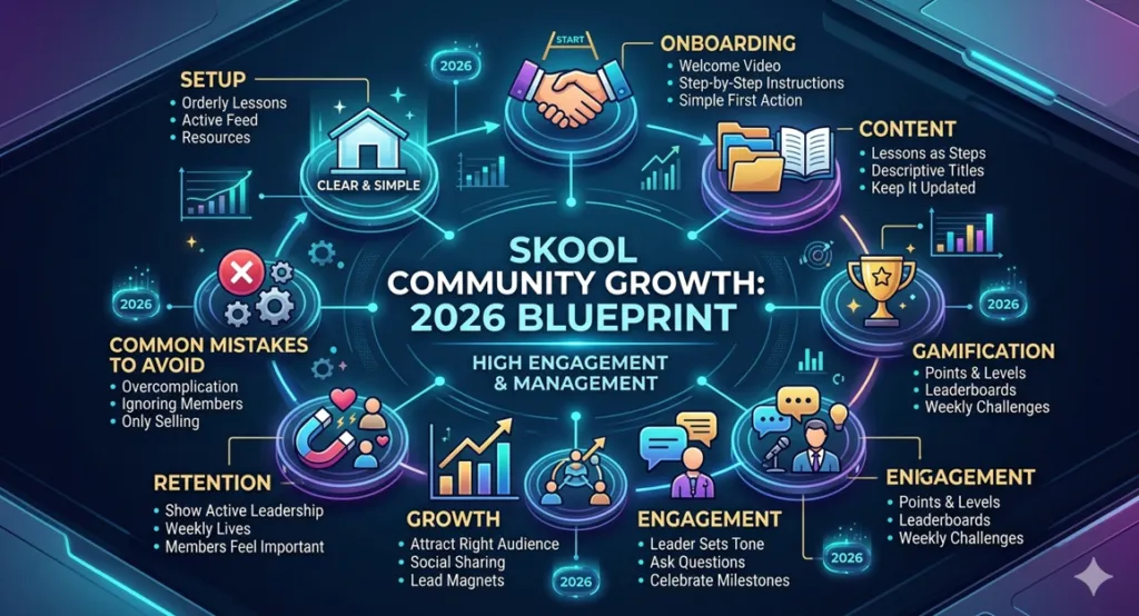 An infographic summarizing the "Skool community Growth: 2026 Blueprint" article, showing key steps for high engagement and management: Setup, Onboarding, Content, Gamification, Engagement, Growth, and Retention.