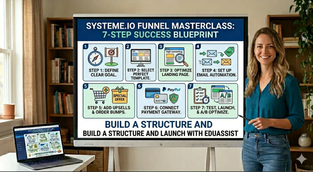 A 7-step success blueprint for a Systeme.io funnel displayed on a digital screen, featuring clear icons for goal setting, templates, landing pages, email automation, upsells, and payment gateways.