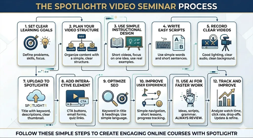 A detailed 12-step process infographic showing the complete workflow for producing video seminars on Spotlightr, from setting learning goals and writing scripts to SEO optimization and tracking performance.