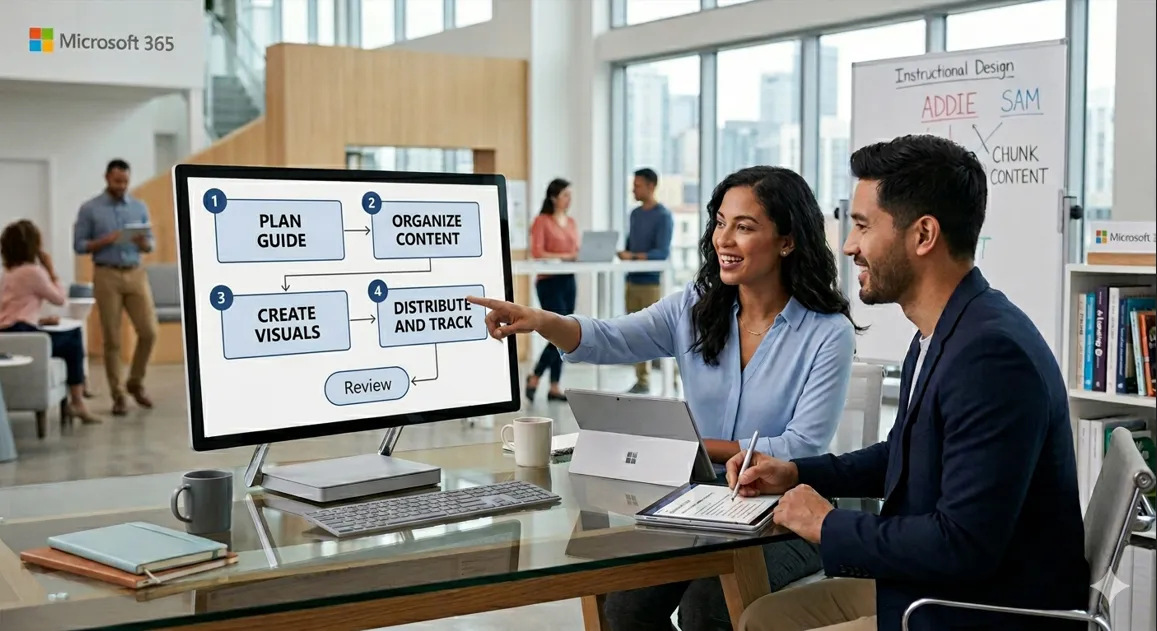 Two professionals collaborating on building training guides with Microsoft 365, pointing to a four-step flowchart displayed on a large Microsoft monitor.