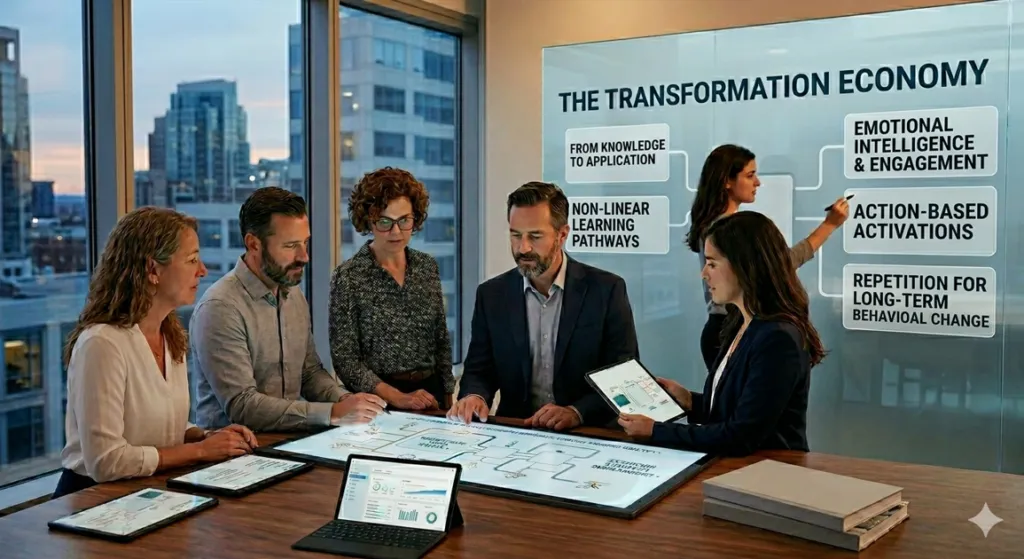 A high-tech corporate boardroom setting where professionals use a digital glass display to outline "The Transformation Economy." The screen highlights five core phases of curriculum design: From Knowledge to Application, Non-Linear Learning Pathways, Emotional Intelligence & Engagement, Action-Based Activations, and Repetition for Behavioral Change.