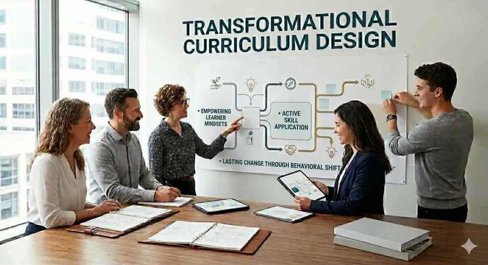 A professional curriculum design team in a modern office collaborating on a Transformational Curriculum Design project. A large whiteboard displays key pillars including Empowering Learner Mindsets, Active Skill Application, and Lasting Behavioral Change, using clear diagrams to show the path to real-life transformation.