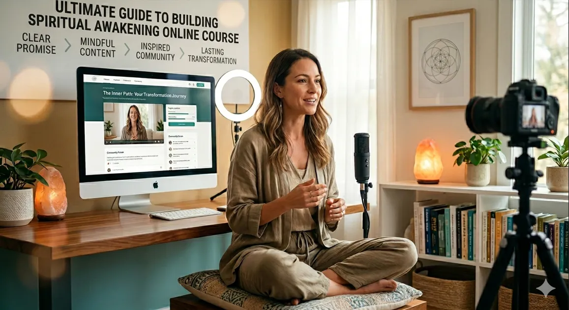 A woman presenting in a home studio with "Ultimate guide to building Spiritual Awakening online course" on a whiteboard banner behind her.