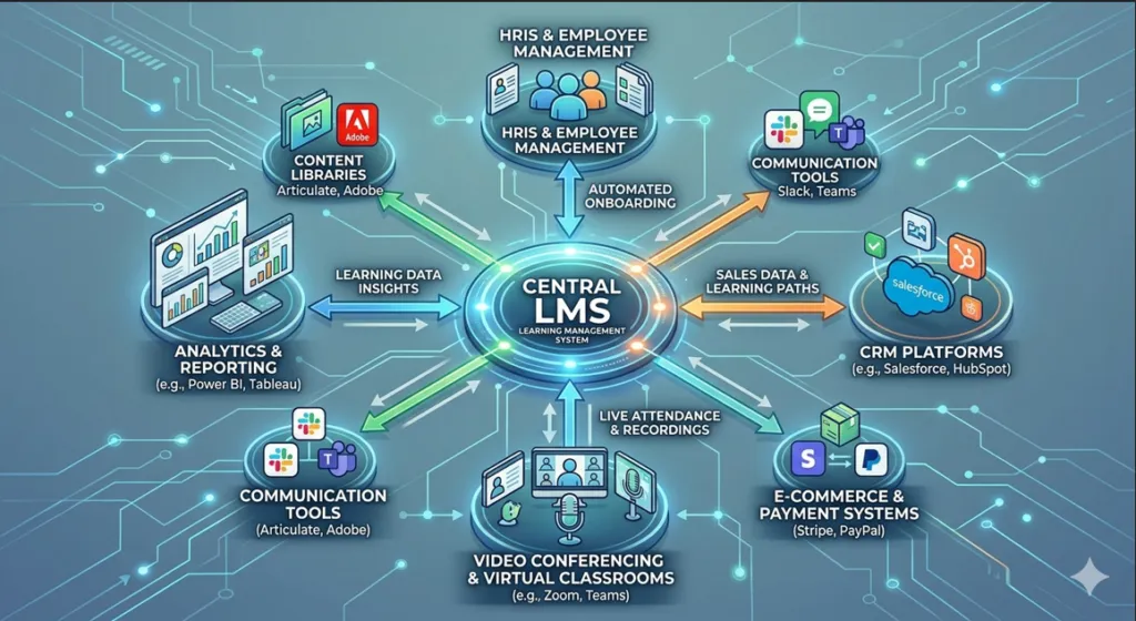 A visual ecosystem diagram showing central hub for LMS integration, linking HRIS, CRM, video conferncing and other tools