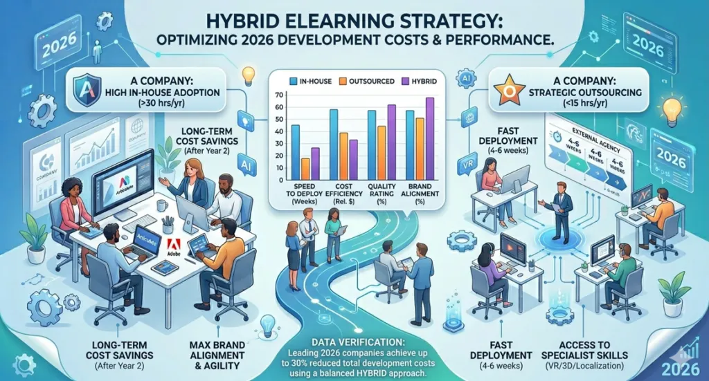 An infographic compares in-house vs outsourcing eLearning development. It shows the hybrid model as the best approach in 2026. The image features people in offices, charts, and icons illustrating that the hybrid model offers a balance, high satisfaction, scalability, and optimized costs.