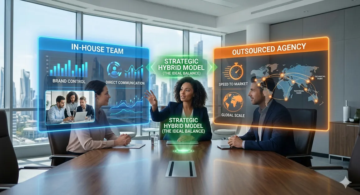 A futuristic corporate meeting room in 2026 showing L&D leaders discussing a strategy board. The image features three holographic displays comparing an "In-House Team" with "Brand Control," an "Outsourced Agency" with "Global Scale," and a central green highlight for the "Strategic Hybrid Model" as the ideal balance for eLearning development