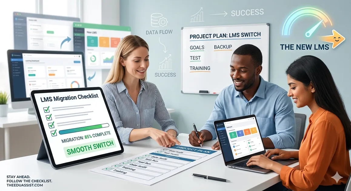 Three professionals using an LMS migration checklist to plan a smooth learning management system switch on digital devices.