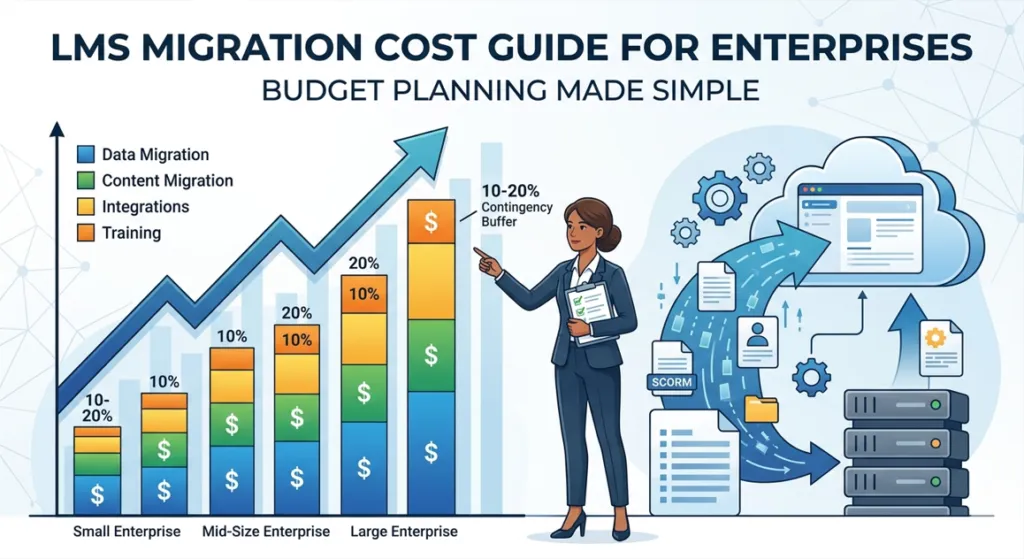 Infographic showing LMS migration cost breakdowns for small, mid-size, and large enterprises with budget planning categories.