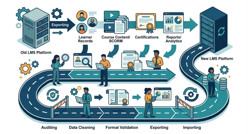 An infographic for LMS migration. It transforms the textual concepts—data types, process stages, and best practices—into a cohesive, easy-to-follow flow. Specifically, it bridges the "What Is Included in LMS Migration?" section by visualizing the data types with the "Step-by-Step LMS Migration Process" section, effectively reinforcing your guide's core message.