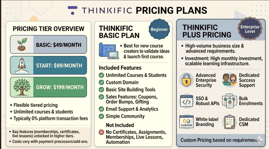 Thinkific course creation pricing setup showing course pricing options, payment settings, and enrollment configuration “