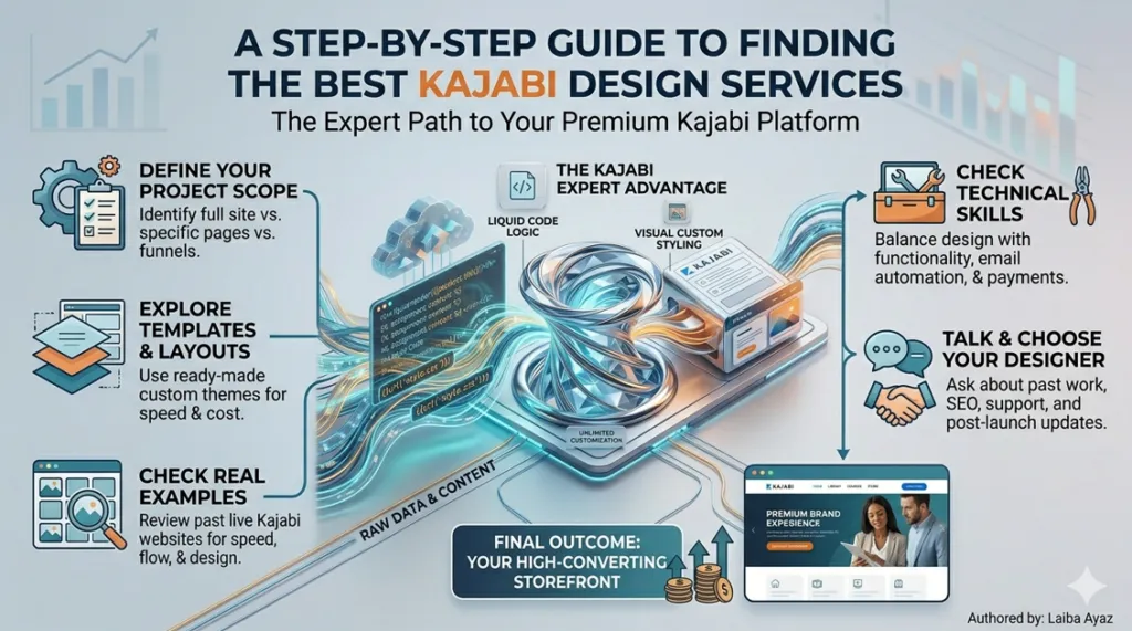 A 3D visualization illustrating the technical aspects of expert Kajabi website design services. It shows a central metal vortex (labeled 'Unlimited Customization') transforming incoming data into branded content. Blue fiber optic data streams flow from a screen displaying HTML and Liquid code logic (labeled with code snippets) and are converted into a polished, high-performing Kajabi website and funnel, as seen on a preview panel (labeled 'Visual Custom Styling')