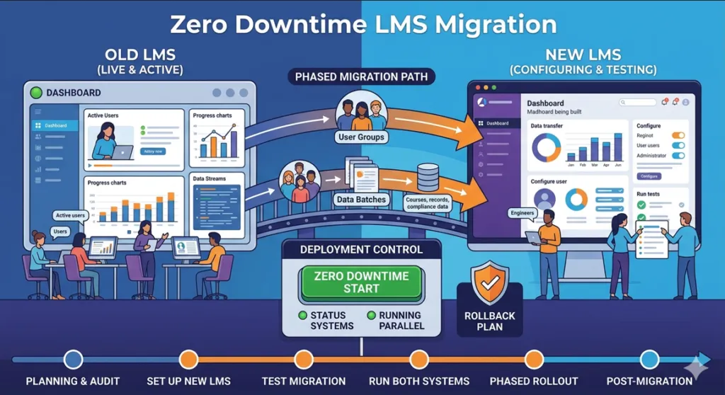 Infographic showing a zero downtime lms migration strategy using parallel systems, phased user rollouts, and a rollback safety plan