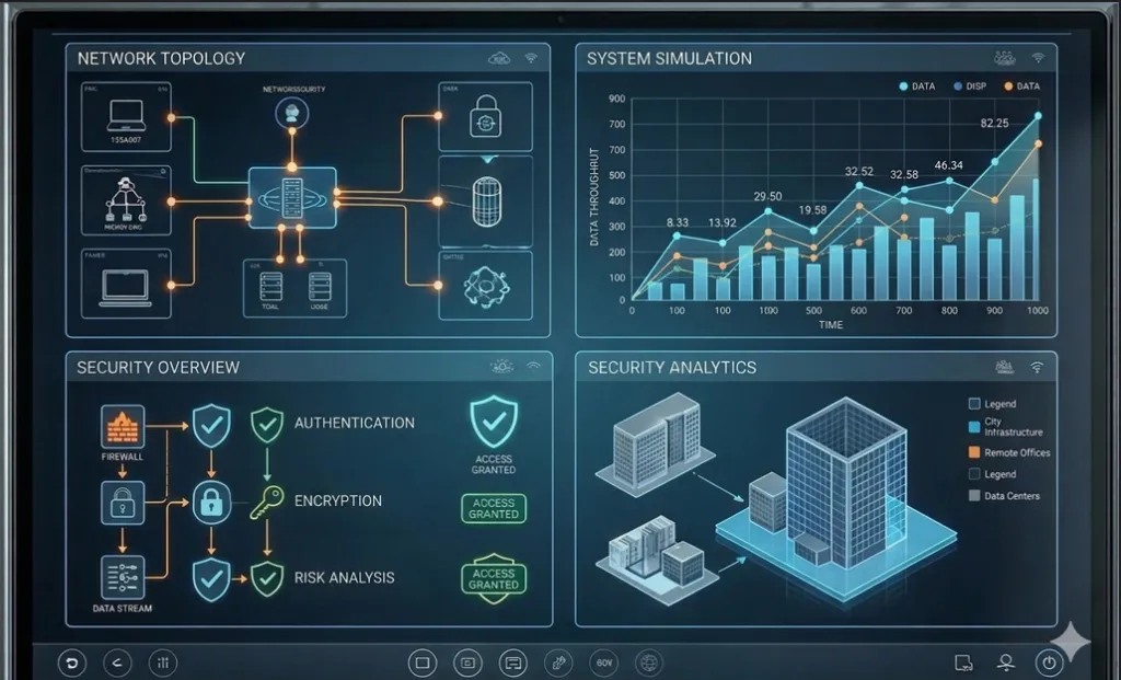 A high-definition digital dashboard showing real time data flow and security analytics as part of central LMS integration strategy
