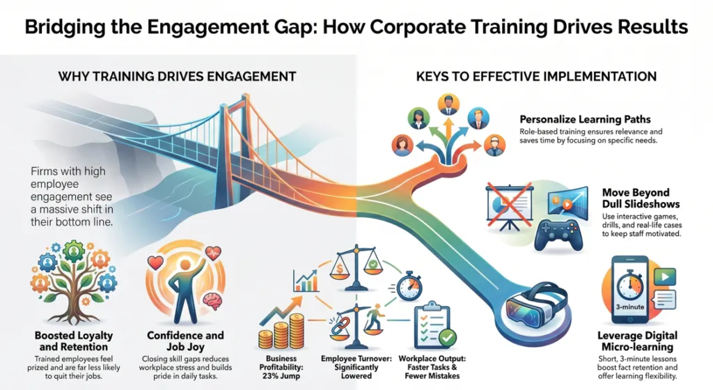 An effective infographic detailing key implementation strategies for modern corporate training, highlighting the shift from dull slideshows to engaging micro-learning methods to fix employee disengagement.