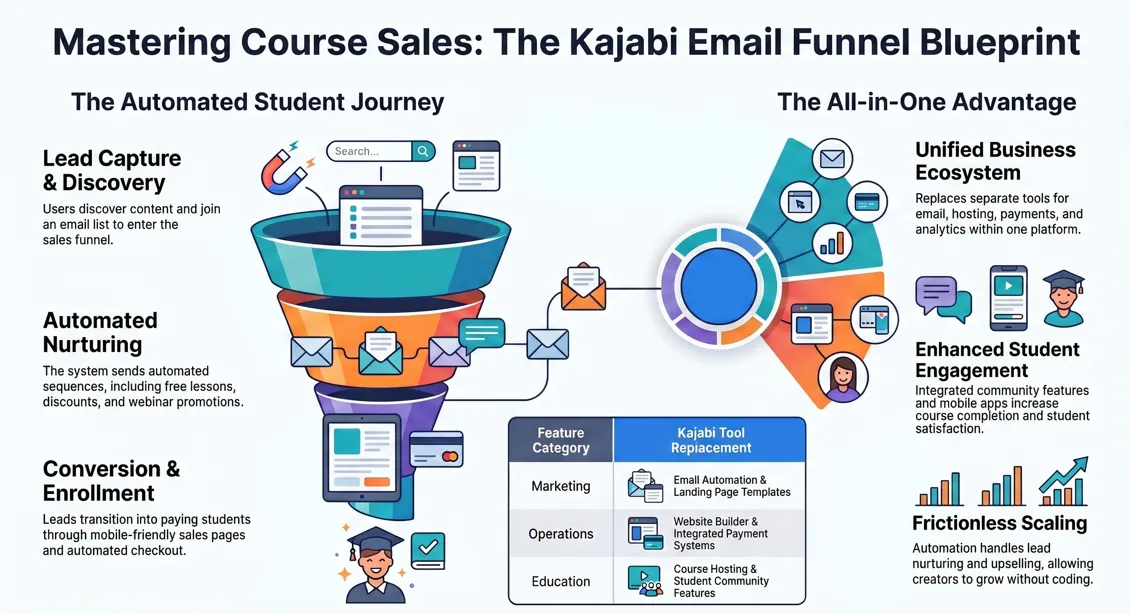 Professional guide to increasing online course sales using kajabi email marketing funnels.