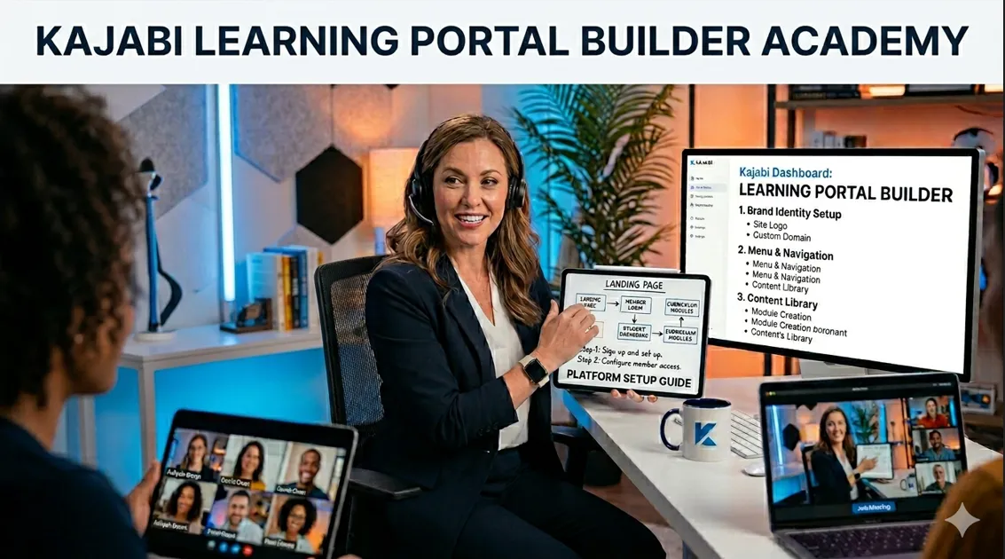 A woman with a headset shows a flow chart to an online class via the kajabi training platform